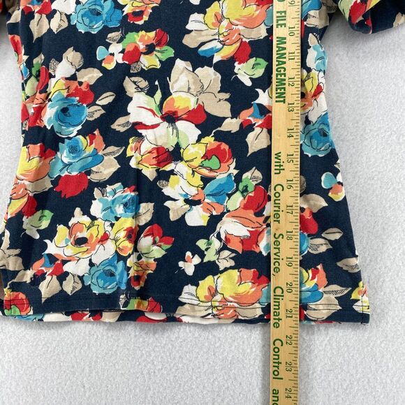 LAUREN RALPH LAUREN Top M Ribbed Floral Boat Neck Cuffed Sleeve Blue - Picture 11 of 12